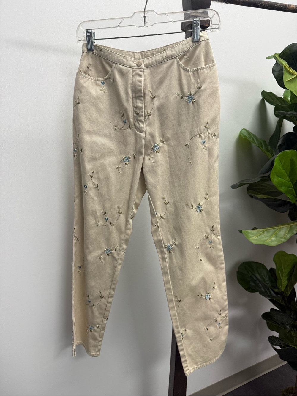 david brooks Cream Cotton Pants with Subtle floral Stitching